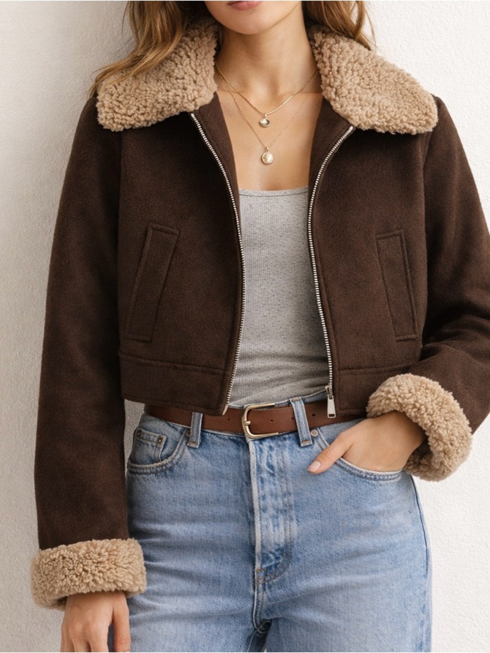 stradivarius ✨large Brown Sherpa Cropped Jacket | Cozy Chic Winter Coat